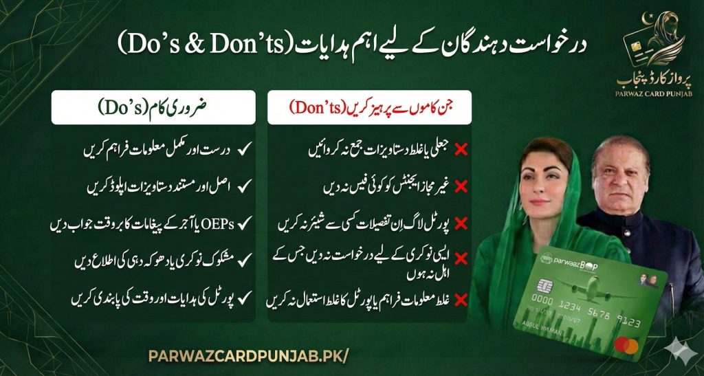 Important do’s and don’ts for Parwaz Card Punjab applicants including correct information submission, document verification, fraud avoidance, and portal usage guidelines