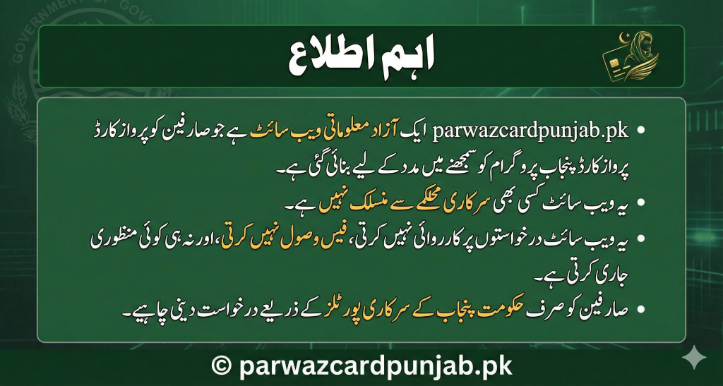 Important notice infographic explaining that parwazcardpunjab.pk is an informational website and Parwaz Card Punjab applications are submitted only through the official Punjab Government portal